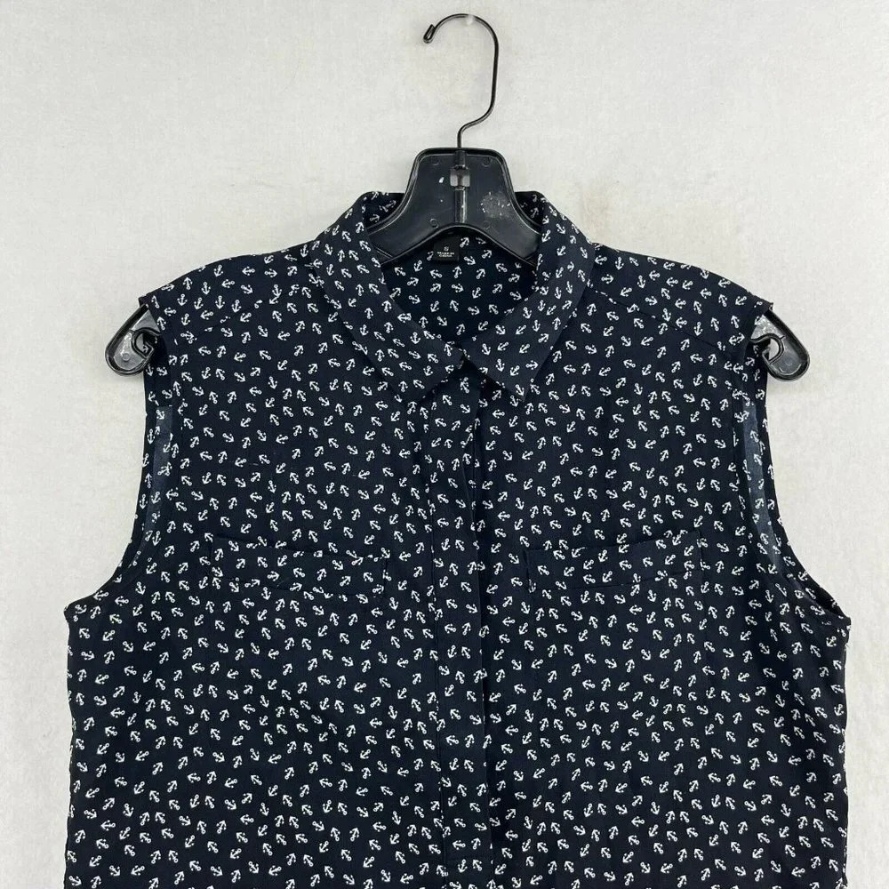 Ann Taylor Button-Up Shirt Women's Sz S Black Anchor Print Collared Side Slit - Picture 5 of 11